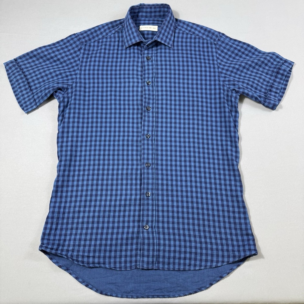 ETRO Shirt Mens 38 Blue Check Cotton Short Sleeve Button Up Made‎ In Italy EUC